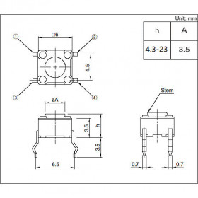 Chave Tactil 4 Terminais KFC-A06 6x6x7mm 180°