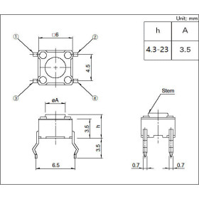 Chave Tactil 4 Terminais KFC-A06 6x6x4,3mm 180°