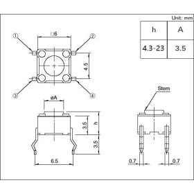 Chave Tactil 4 Terminais KFC-A06 6x6x4,3mm 180°